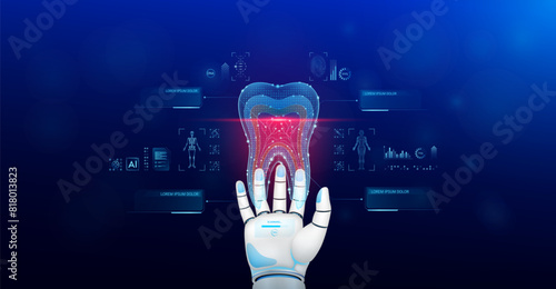Tooth scanning robot doctor diagnose disease on hand. Screen digital interface of system MRI scan of human body organ DNA analysis. Future health care innovation. Science medical technology. Vector.
