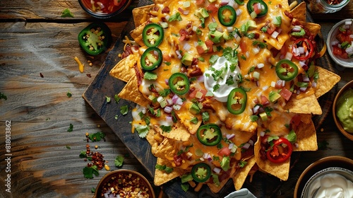 A plate of nachos with ground beef, cheese, sour cream, guacamole, and jalapenos. 