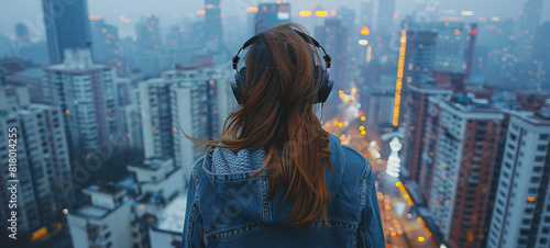 A young woman stands at the pinnacle of an urban skyscraper, adorned with headphones, surrounded by the bustling cityscape. Generative AI.