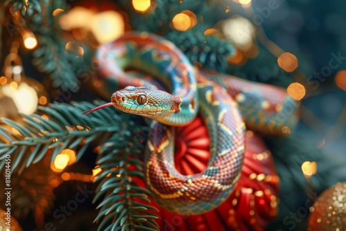 Colorful snake nestled in a Christmas tree with festive lights. Vivid close-up digital illustration capturing a holiday theme. Christmas and celebration concept. Generative AI