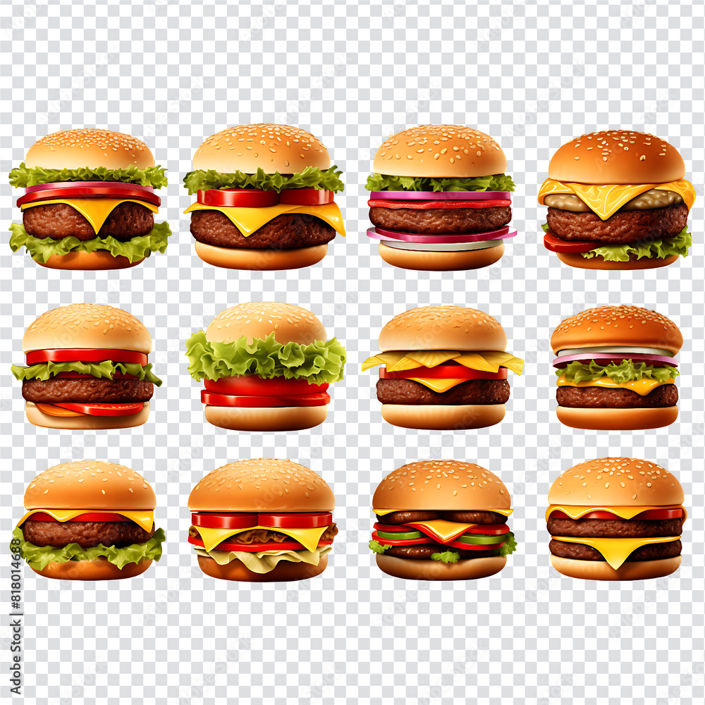Collection of delicious burgers and cheeseburgers with lettuce, tomato, onion and sesame seed bun on transparent background Collection of delicious burgers and cheeseburgers with lettuce, tomato, onion and sesame seed bun on transparent background