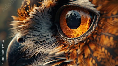 This is an up-close photograph of an owl's eye. The eye is a deep orange color with a black pupil. The owl's feathers are brown and beige.

 photo