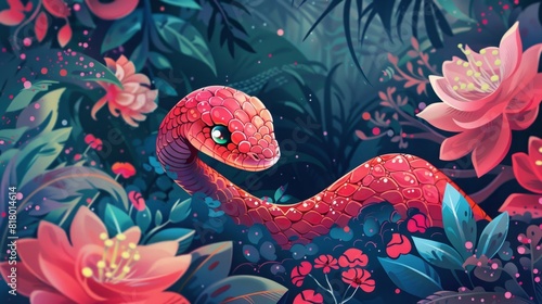 Red snake among vibrant tropical flowers. Lush digital illustration with a vivid  enchanted jungle theme. Fantasy and nature concept. Generative AI