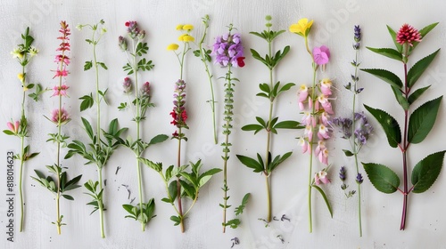 Arrangement of various medicinal herbs and plants photo