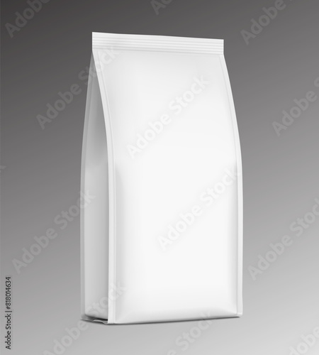 WebVertical bag mockup. Flat bottom gusset bag. Half side view. High realistic. Vector illustration isolated on grey background. Ready for use in presentation, promo, advertising and more. EPS10.