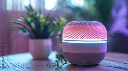 A white and gray smart speaker with a pink light on the top and a blue light on the bottom. There is a potted plant and some leaves on the table next to it.

 photo