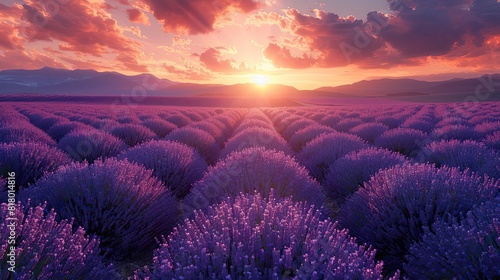 A field of lavender in full bloom  stretching as far as the eye can see.