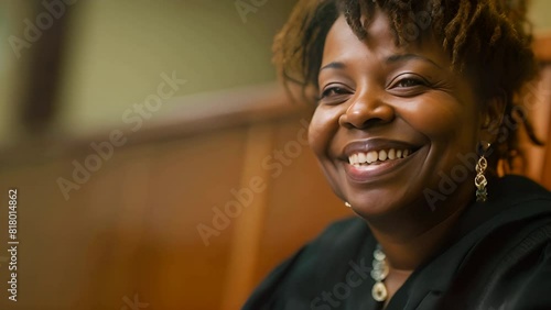 woman in a judge robe, smiling in a courtroom setting photo