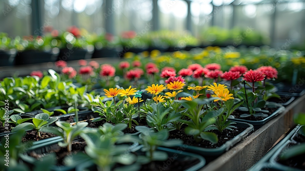 Fototapeta premium A greenhouse filled with a variety of young plants and flowers.