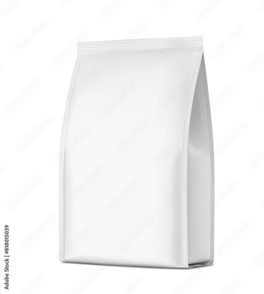 Vertical bag mockup. Flat bottom gusset bag. Half side view. High realistic. Vector illustration isolated on white background. Ready for use in presentation, promo, advertising and more. EPS10. Vertical bag mockup. Flat bottom gusset bag. Half side view. High realistic. Vector illustration isolated on white background. Ready for use in presentation, promo, advertising and more. EPS10.