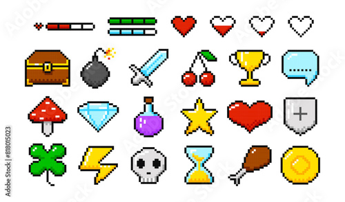 Set of minimalistic pixel game objects, magic elements for game interface set. Pixel art gaming items icons, 8-bit game resources.
