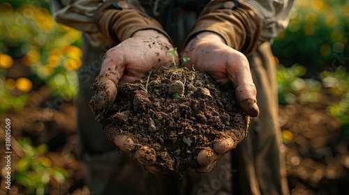 A farmer's hands holding a handful of rich, dark soil.