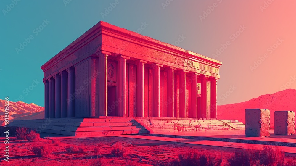 Obraz premium A minimalist illustration of the Temple of Solomon, characterized by simple and clean lines that convey a sense of grandeur and magnificence, with a focus on the architectural details
