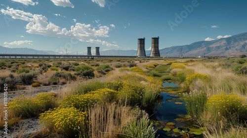 Serene landscape with industrial cooling towers and bridge amidst mountains and wildflowers © JS_Stock
