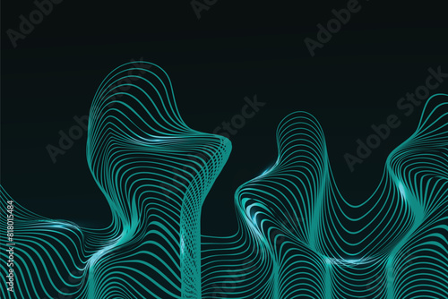Abstract vector 3D lines background, green curves linear perspective dimensional terrain optical pattern