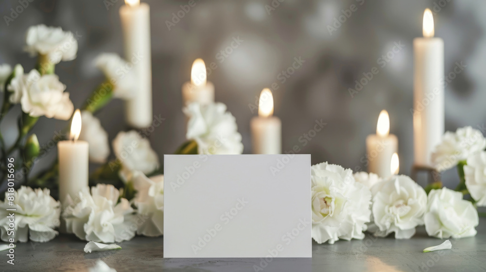 Blank condolence card surrounded by white roses and soft candlelight ...
