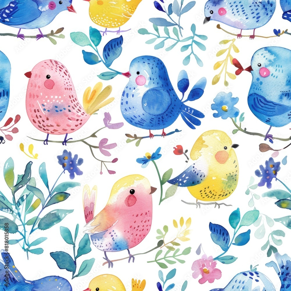 Whimsical Watercolor Birds and Blooms Seamless Pattern Whimsical Watercolor Birds and Blooms Seamless Pattern
