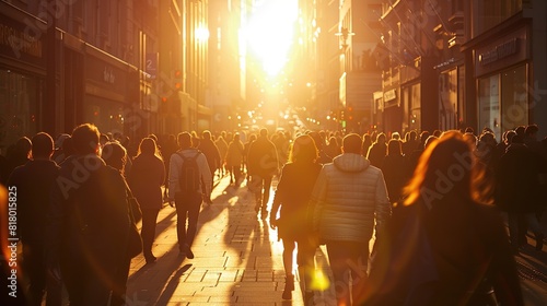 Crowds of people walk home from work at sunset 