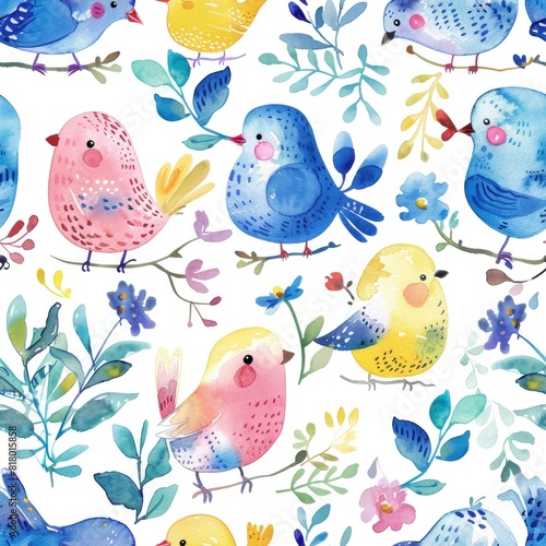 Whimsical Watercolor Birds and Blooms Seamless Pattern