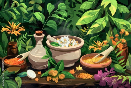 Herbal medicine preparation with mortars and herbal ingredients. Detailed botanical illustration. Traditional herbal medicine and natural healing concept. Ayurvedic hebs, Ayurveda, Generative AI photo