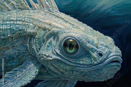 Stunning Gouache Portrait of an Ethereal Fishlike Alien with Opalescent Scales