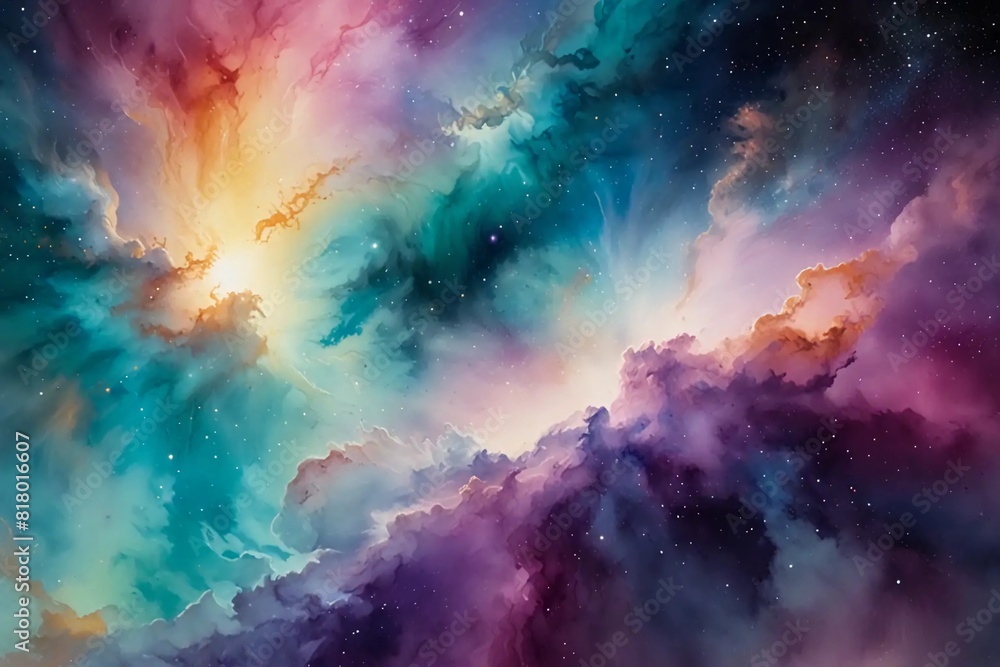 Fototapeta premium Ethereal Celestial Phenomenon: Vivid Watercolor Nebula Art