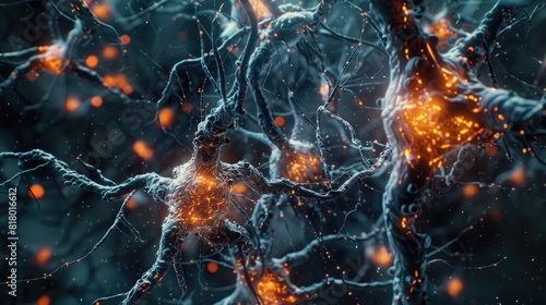 neuron cells, with synapses and axons transmitting electrical signals, visualizing the complexity of the neural system.