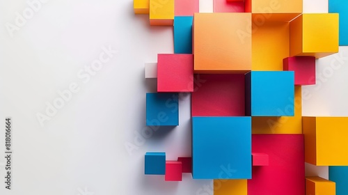 Abstract geometric shapes in vibrant colors on a white background providing clear copy space