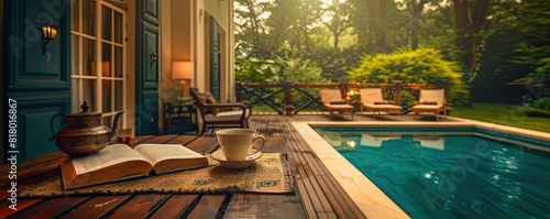 A cozy corner on a wooden terrace with a view of a calm pool, a book in hand, and a freshly brewed cup of coffee on a sunny day photo