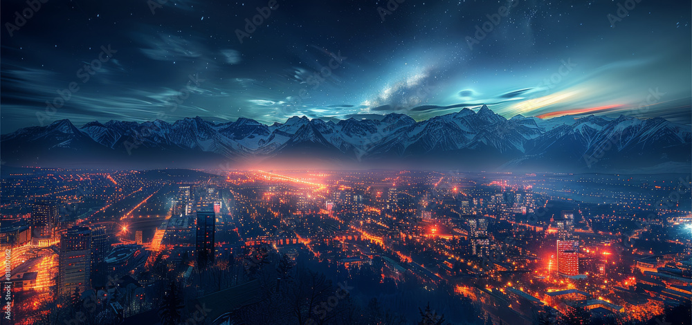 Night time, city scape, city lights, northern lights above city, elevated view from the east of the city facing west towards mountains. Generative AI.