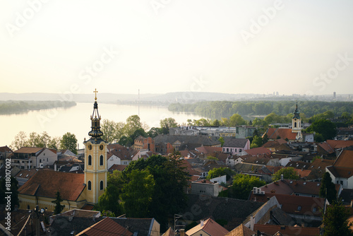 View of Zemun old town and the Danube River from Gardos Tower Millenium Tower Fortress, Serbia at the morning. Beautiful city scape at sunrise. photo