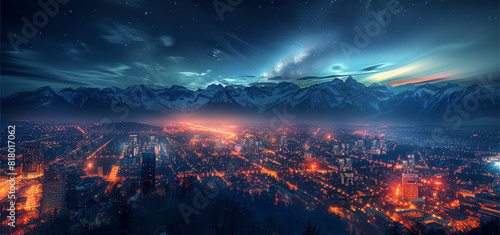 Night time  city scape  city lights  northern lights above city  elevated view from the east of the city facing west towards mountains. Generative AI.