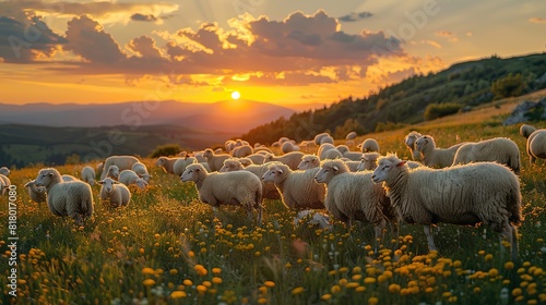 A flock of sheep grazing on a hillside meadow. photo
