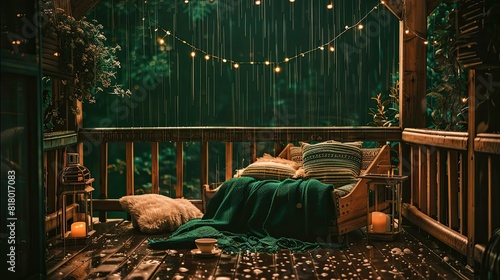 A cozy reading spot on a covered balcony with rain pattering around, a hot coffee on the table, and a captivating novel in hand photo