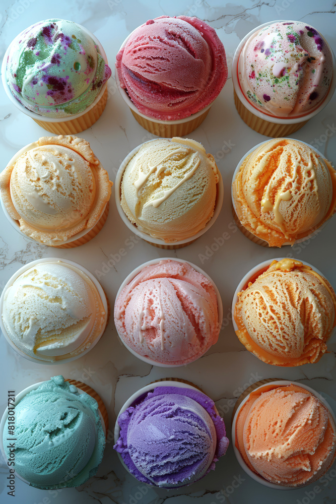 A colorful variety of ice cream scoops in cups arranged in a grid pattern, perfect for dessert menus or summer-themed promotions. A colorful variety of ice cream scoops in cups arranged in a grid pattern, perfect for dessert menus or summer-themed promotions.