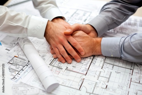 Business professionals shaking hands over architectural plans