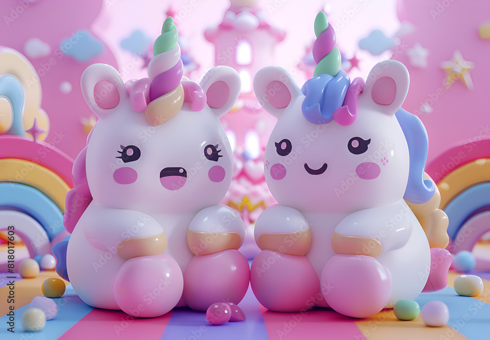 Two cute unicorns sitting next to each other in a colorful background. Scene is playful and whimsical Two cute unicorns sitting next to each other in a colorful background. Scene is playful and whimsical