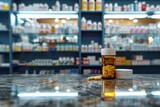 Capsules and medicine bottles on a pharmacy counter