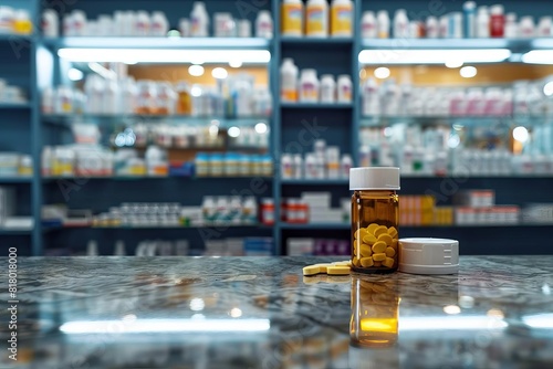 Capsules and medicine bottles on a pharmacy counter photo