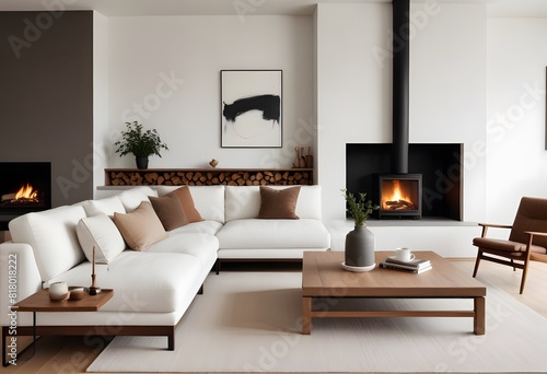 3D A modern living room with white sofa  home desk  dry flowers in a vase  ceramics  fireplace  industrial style