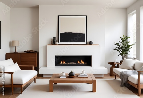 3D A modern living room with white sofa, home desk, dry flowers in a vase, ceramics, fireplace, industrial style