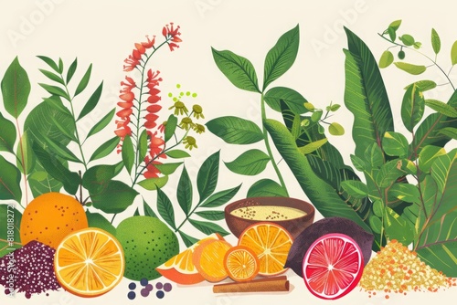 Lush botanical illustration featuring a variety of fruits and flowers with vibrant colors. Vintage print style. Nutrition and natural beauty concept. Ayurvedic hebs, Ayurveda, Generative AI photo