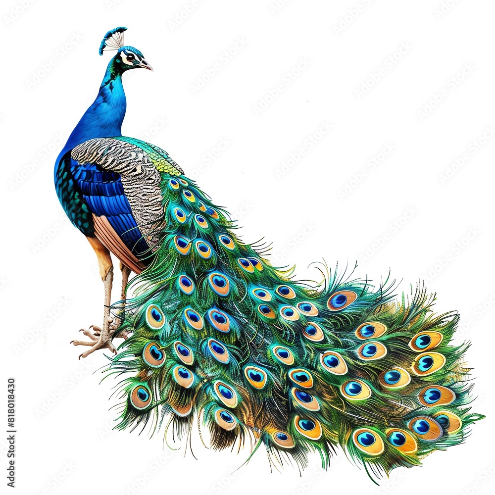 Obraz premium Isolated peacock displaying its vibrant feathers on a white background