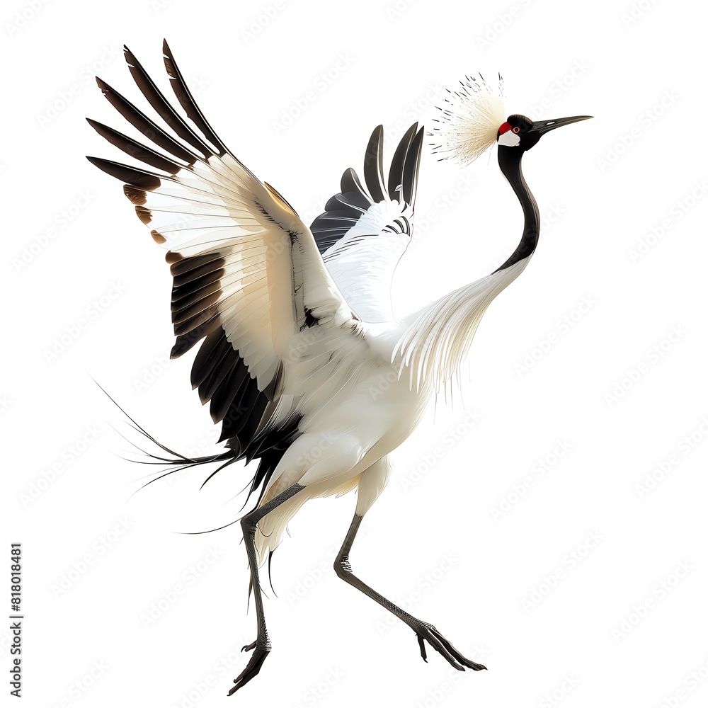 Red-crowned crane in a graceful pose, isolated on a white background Red-crowned crane in a graceful pose, isolated on a white background