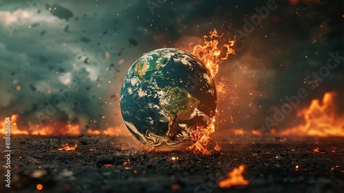 Earth globe of the planet boiling in hot water of a pan on the fire of a gas stove,   photo