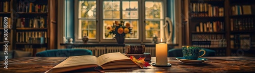 A romantic table setting with a flickering candle  a novel  a warm cup of coffee  and a fresh arrangement of colorful fall leaves in a quaint  softly lit room