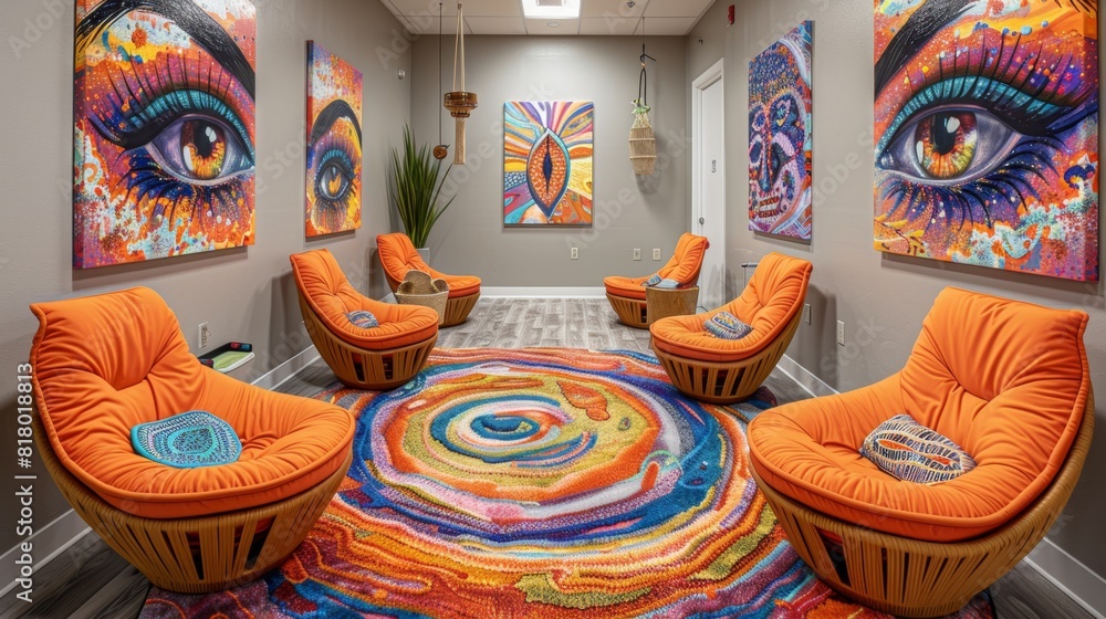 therapeutic art display, vibrant artwork in therapy room fosters emotional expression and creativity for group members, promoting a soothing atmosphere