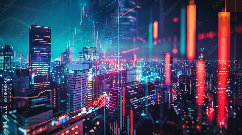 Cityscape with digital enhancements symbolizing futuristic financial markets