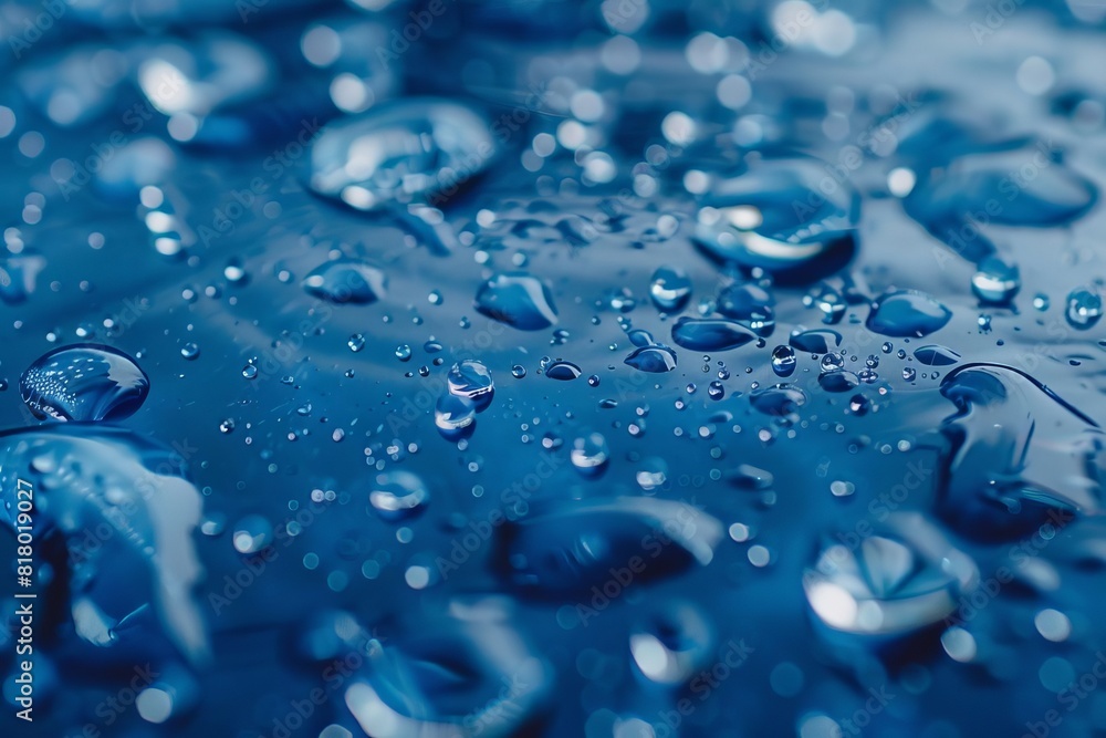 Closeup of water droplets on a blue surface Closeup of water droplets on a blue surface