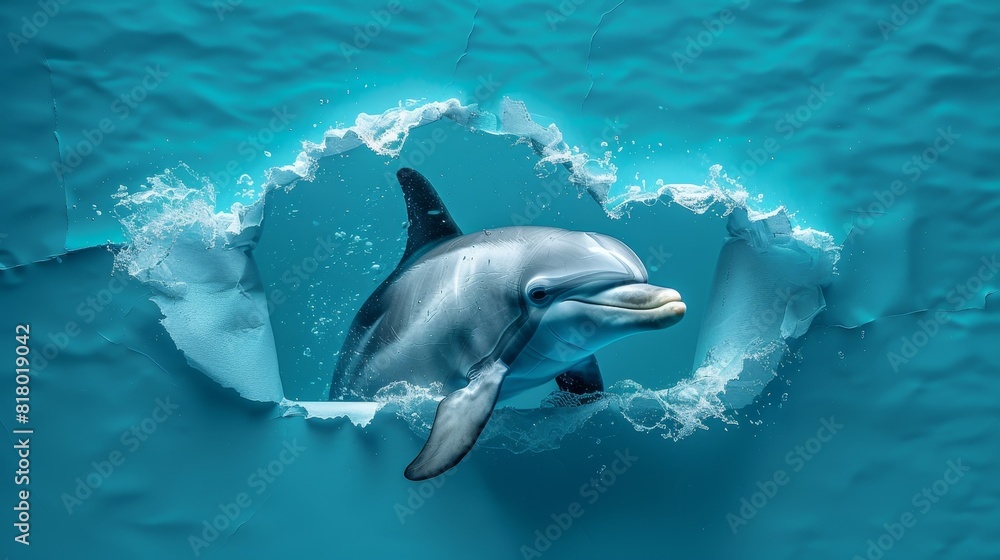 Obraz premium A fascinating scene of a dolphin breaking through the hole in a paper background